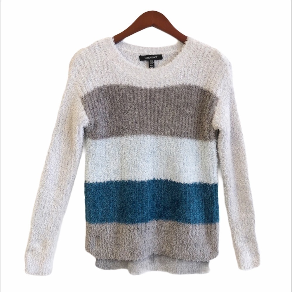 ELLEN TRACY NWT Striped Downtown Glam Fuzzy Sweater Size XS in Blue and Gray